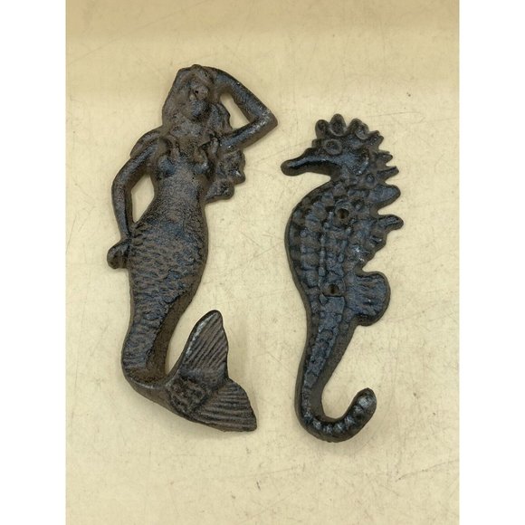 Beach Decor Coat Hat Wall Hooks Cast Iron Mermaid & Seahorse - Picture 3 of 9